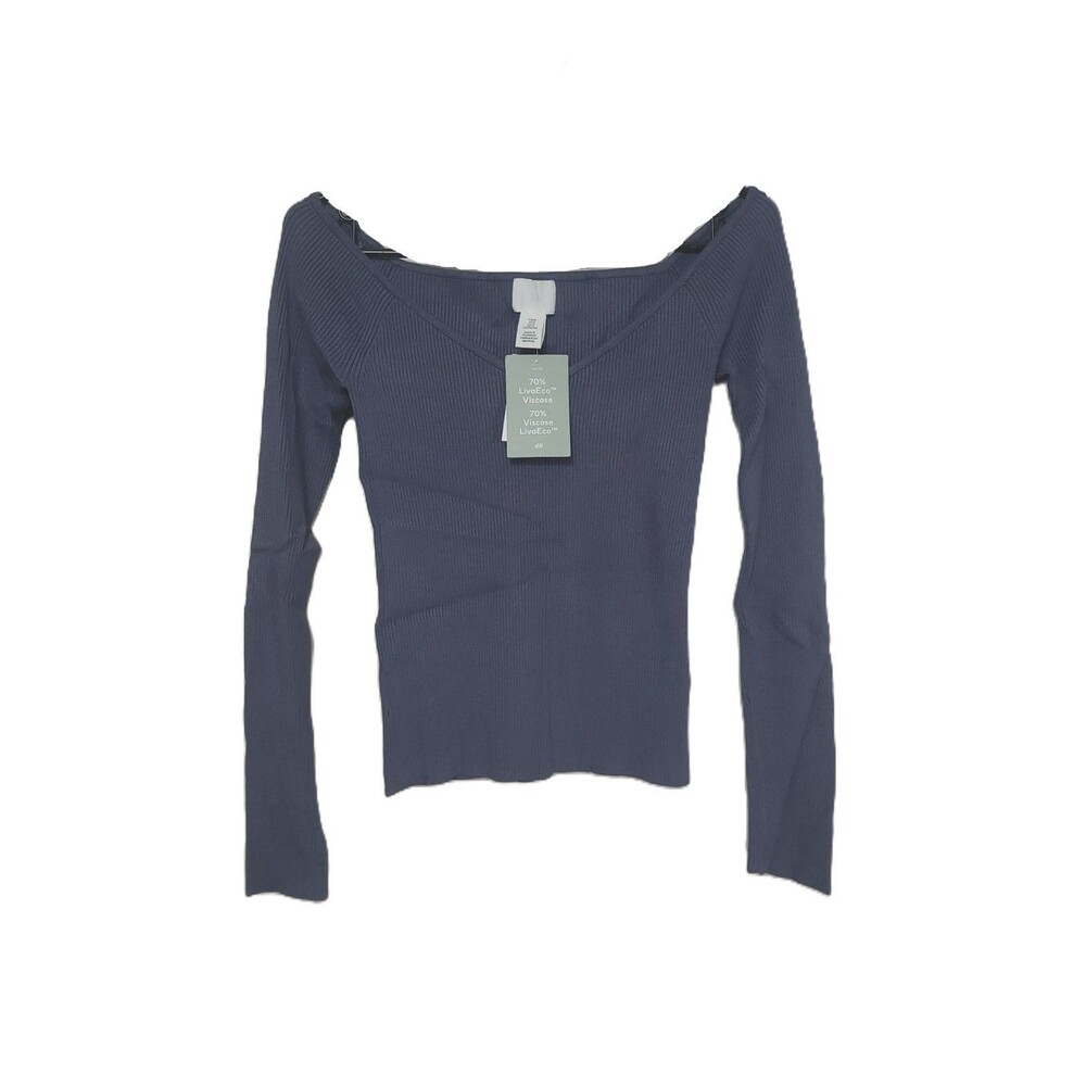 H&M Ribbed Long Sleeve Top Womens Size M Blue V Neck Shirt